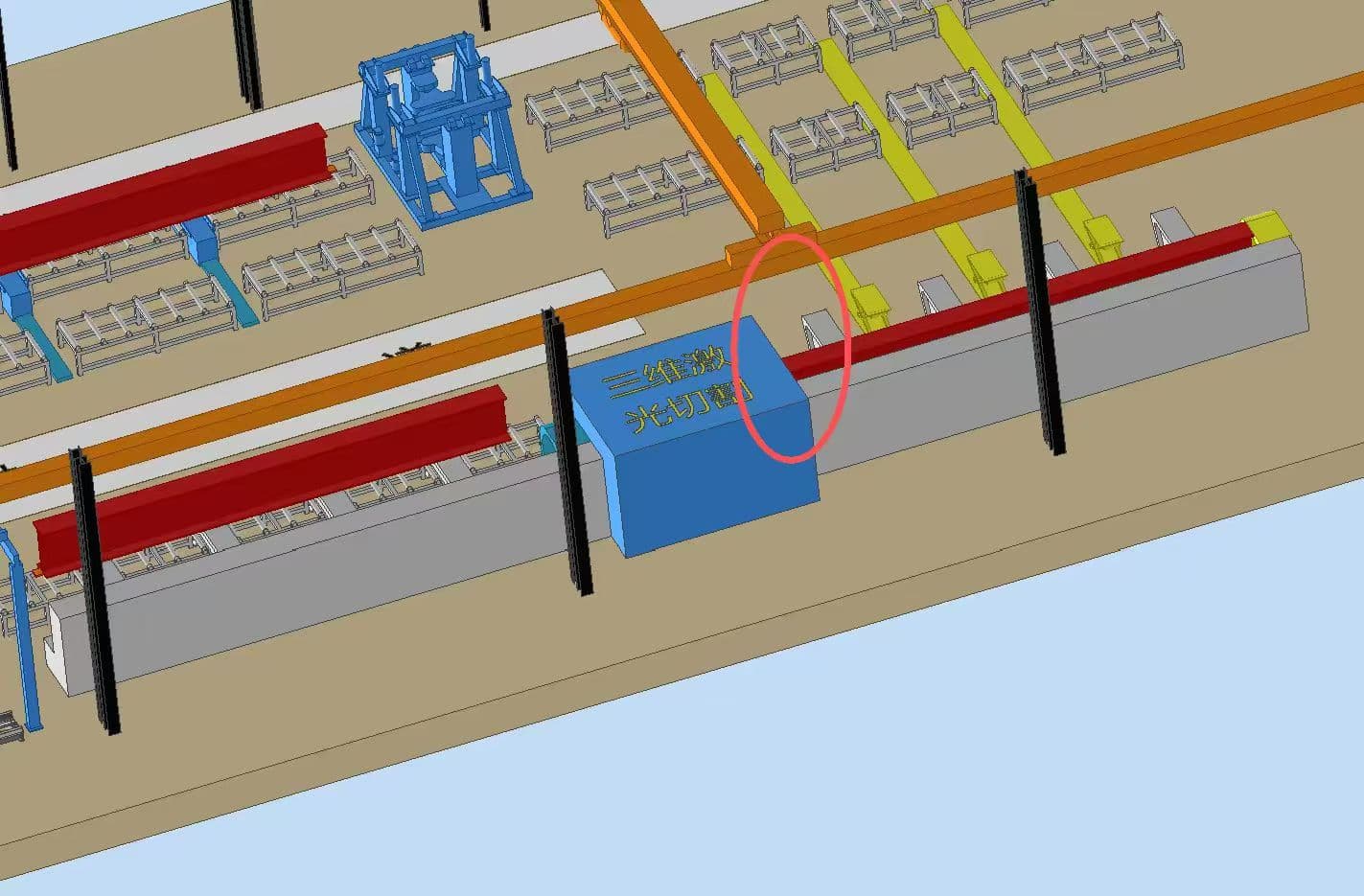 3D model of a laser-cutting station on a steel fabrication line