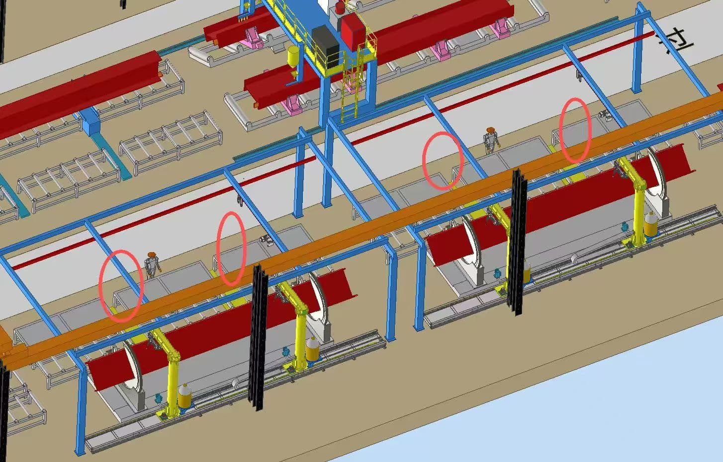 3D model of robotic welding cells on a steel fabrication line