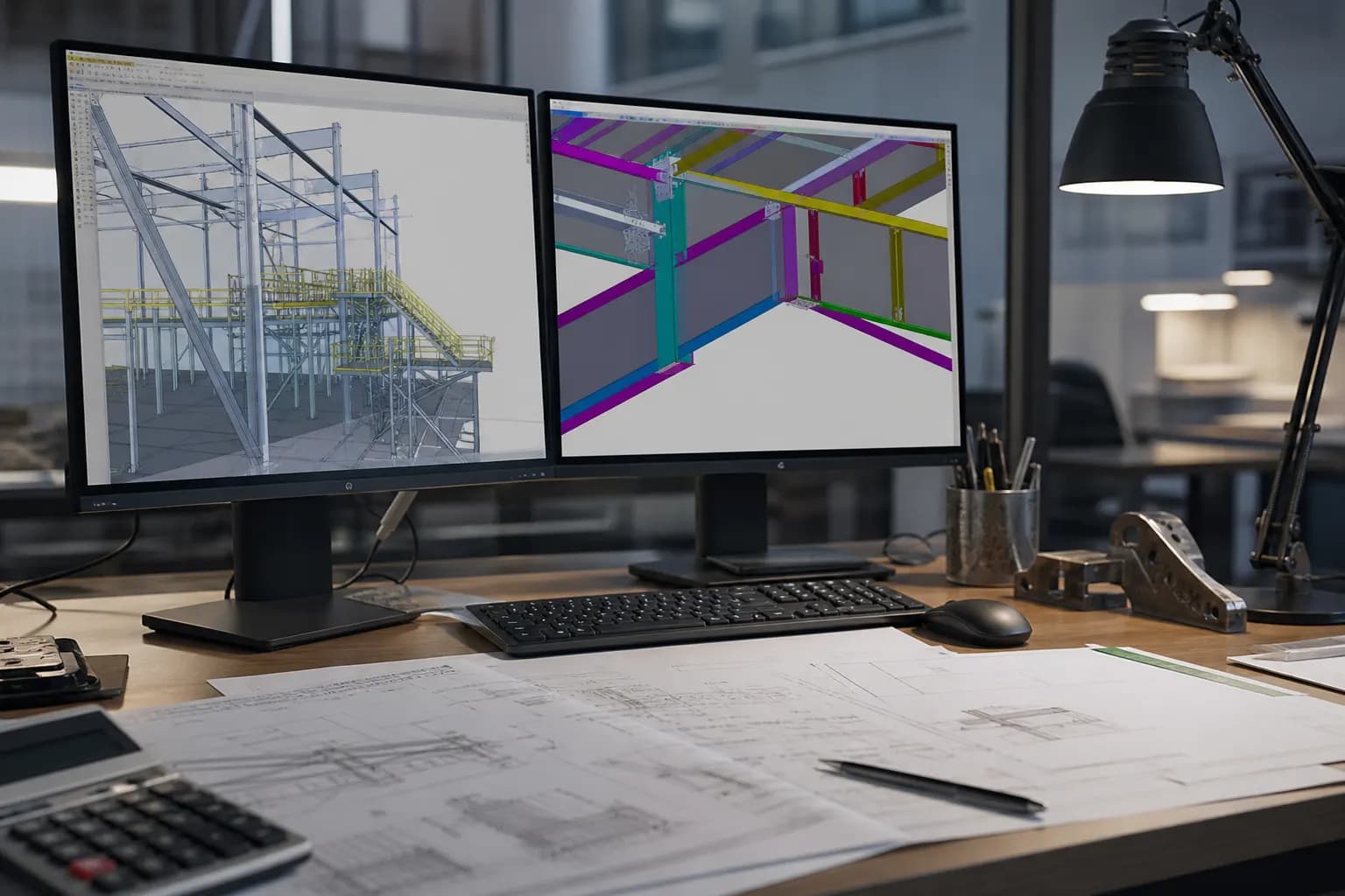 Engineering workstation with 3D CAD steel models and shop drawings