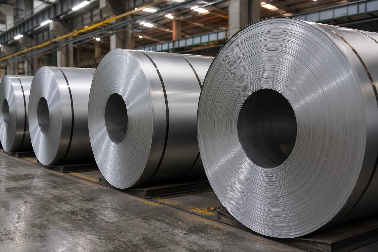 Cold-rolled steel coils stored in a mill warehouse
