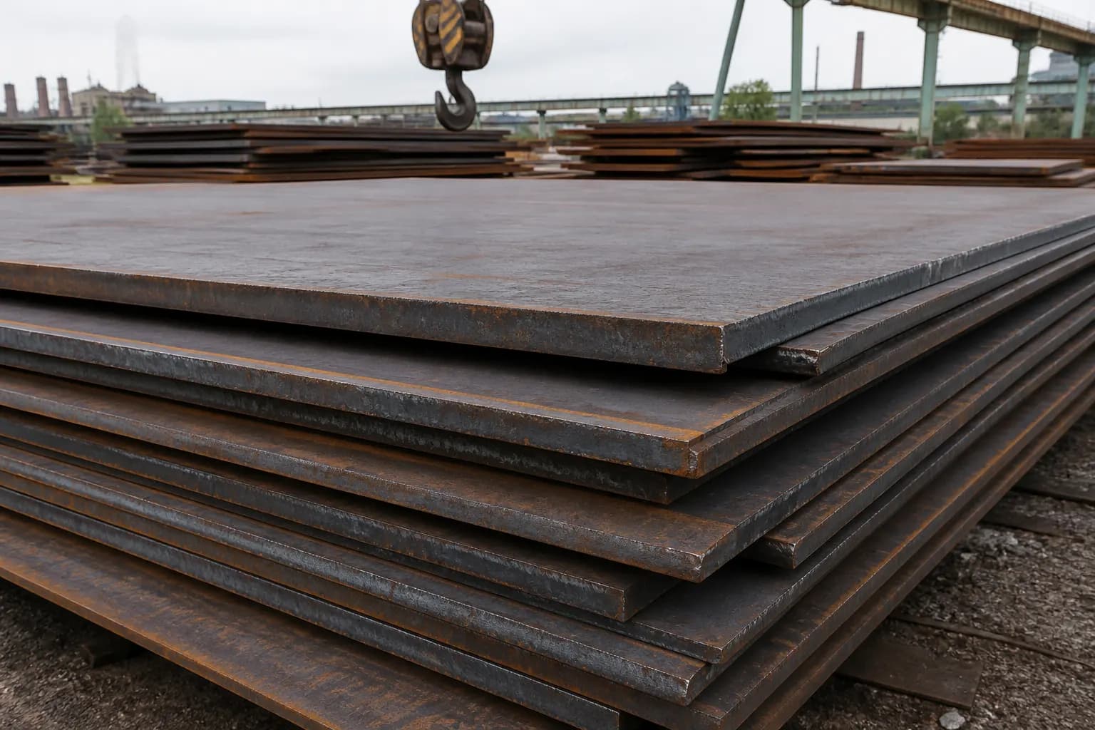 Stacked hot-rolled steel plate in a mill yard