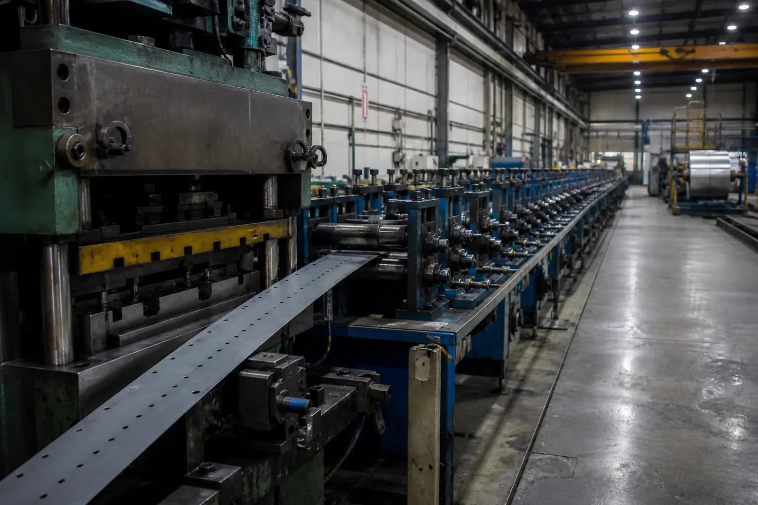 Interior of a steel fabrication plant looking down the production line