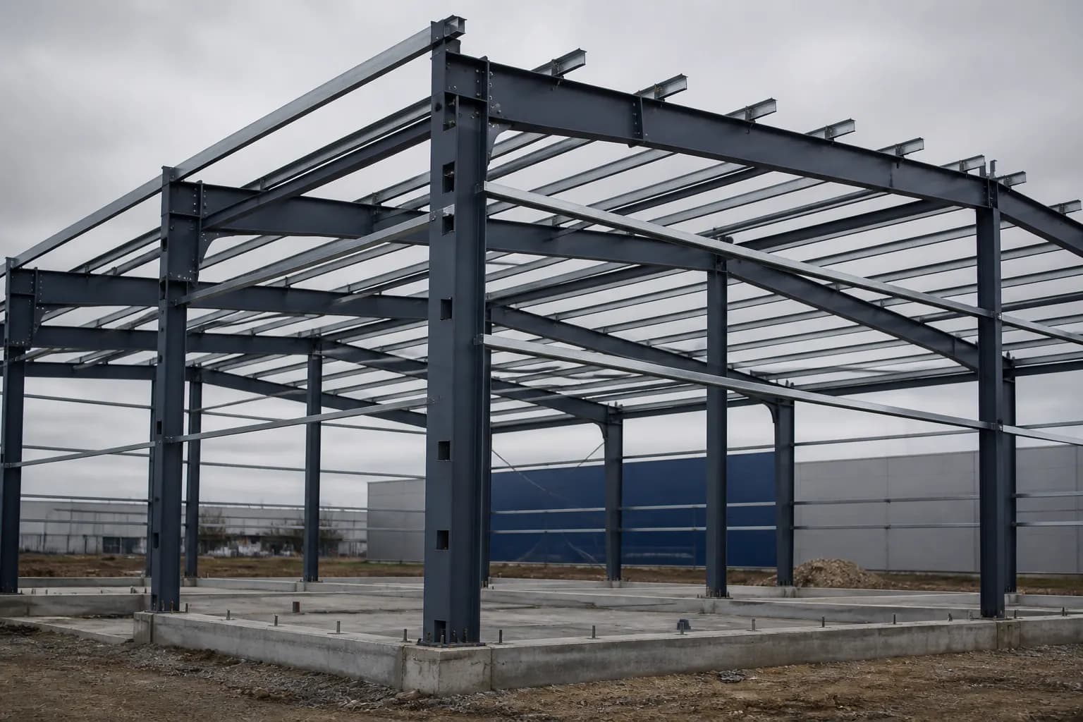 Pre-engineered steel building frame with bolted portal connections